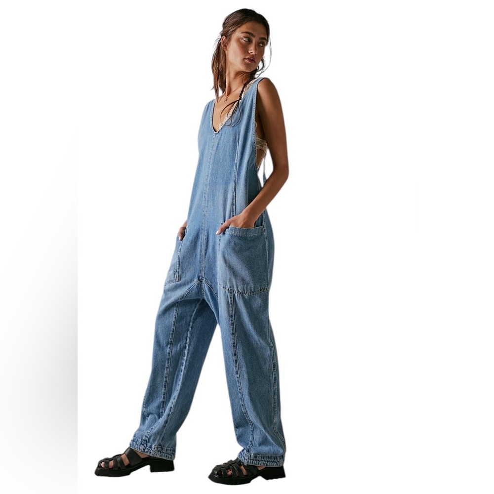 Free people High Roller Jean Jumpsuit in Kansas blue - LARGE- NWOT